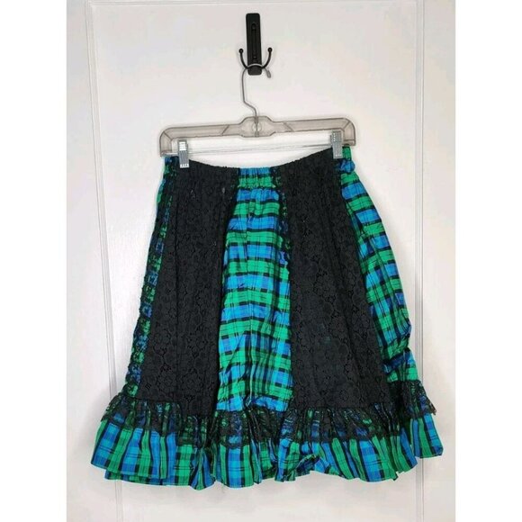 Vtg Square Dance 2 Piece Outfit Skirt Blouse Sz M Lace USA Made Blue Green Plaid - Picture 4 of 6